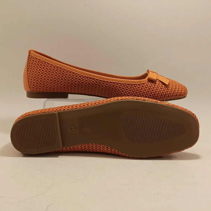 Women Genuine Leather Orange Ballet Flats Butterfly-Knot Square Toe Casual Loafers Slip-On Mesh Printed Summer Office Shoes