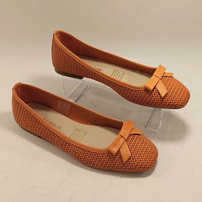 Women Genuine Leather Orange Ballet Flats Butterfly-Knot Square Toe Casual Loafers Slip-On Mesh Printed Summer Office Shoes