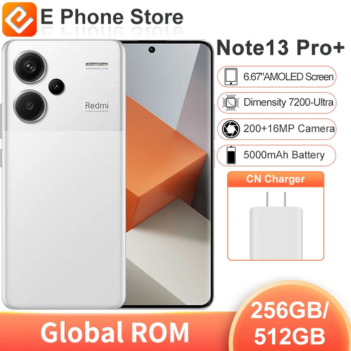 Global ROM Xiaomi Redmi Note 13 Pro+ 256GB/512GB MTK Dimensity 7200-Ultra 6.67” Screen 200MP+16MP Camera 5000mAh Battery  (New)