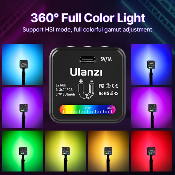 Ulanzi L2 Mini RGB COB Video Light Dimmable Camera Light with Diffuser Honeycomb Photography Light for Gopro DSLR Camera Phone