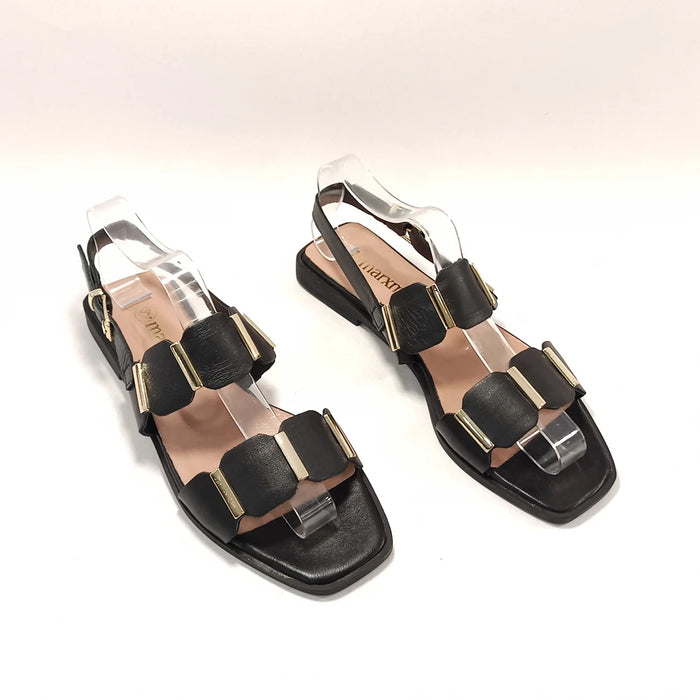 Women Genuine Leather Black Sandals Open Toe Leopard Striped Non-slip Soft Ankle Strap Fashion Beach Shoes Casual Outside Flats