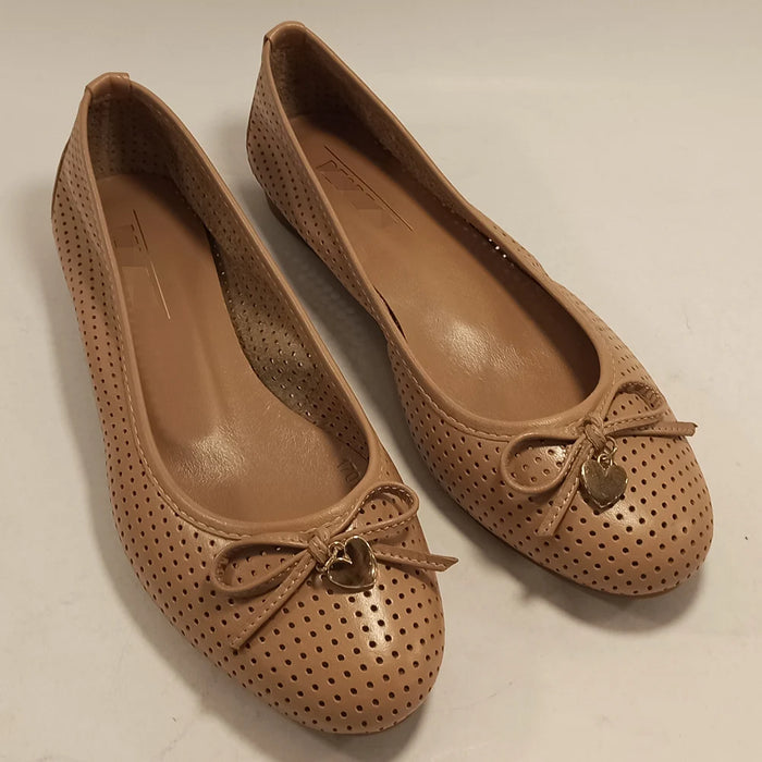 Women Genuine Leather Caramel Ballet Flats Butterfly-Knot Round Toe Casual Loafers Slip-On Perforated Summer Office Shoes