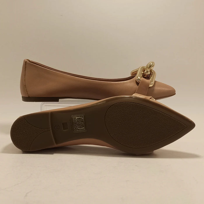 Women Genuine Leather Ballet Flats Caramel Color Metal Buckle Versatile Pointed Casual Footwear Slip-On Spring Summer Work Shoes