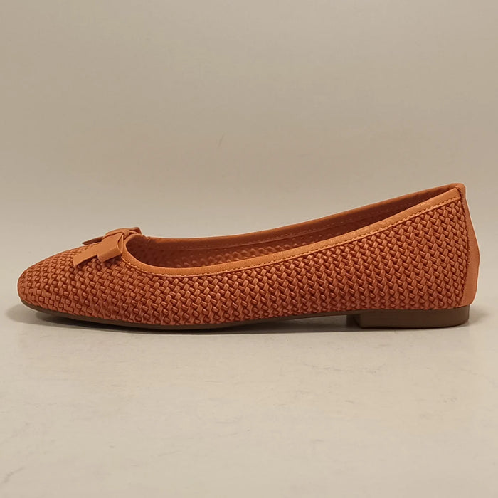 Women Genuine Leather Orange Ballet Flats Butterfly-Knot Square Toe Casual Loafers Slip-On Mesh Printed Summer Office Shoes