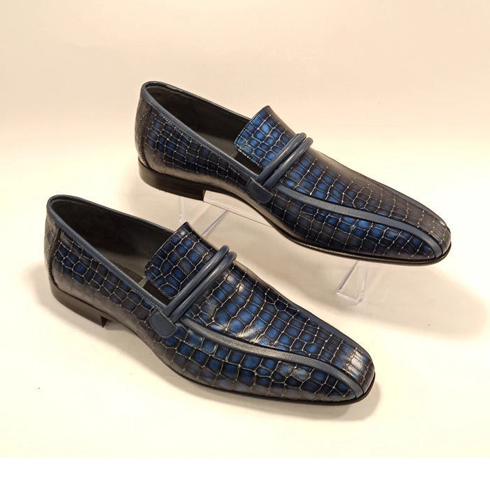 Luxury Men Navy Blue Loafers Genuine Crocodile Print Leather Italian Mold Pointed Toe Slip On Formal Bussiness Office Shoes