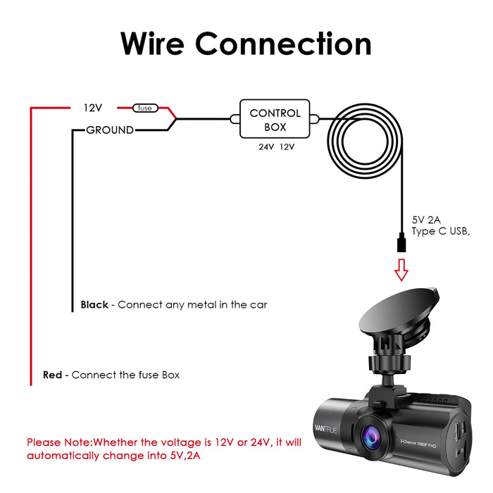 Vantrue 11.5ft TypeC Mini USB 12V 24V to 5V Hardwire Kit with Mini,ACS,ATO,Micro2 Low Voltage Protection for N4/N2s/X4S/N2pro/E1