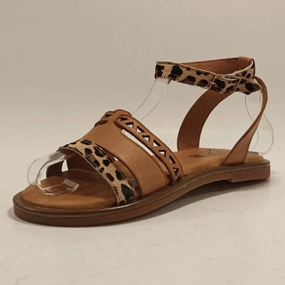 Women Genuine Leather Tan Sandals Open Toe Leopard Striped Non-slip Soft  Ankle Strap Fashion Beach Shoes Casual Outside Flats