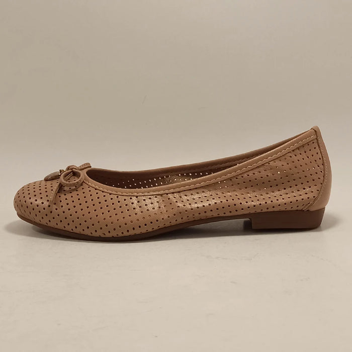 Women Genuine Leather Caramel Ballet Flats Butterfly-Knot Round Toe Casual Loafers Slip-On Perforated Summer Office Shoes