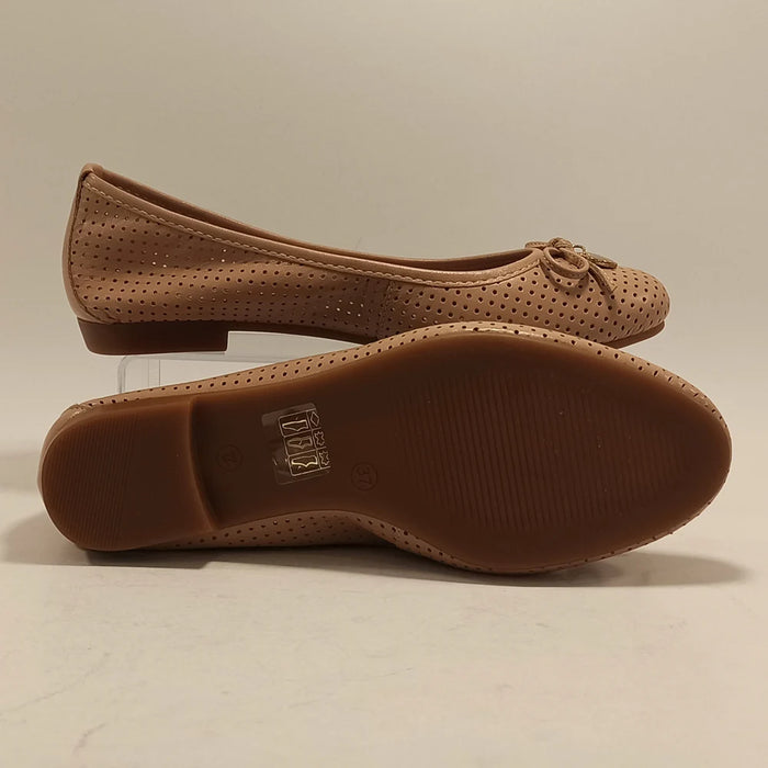 Women Genuine Leather Caramel Ballet Flats Butterfly-Knot Round Toe Casual Loafers Slip-On Perforated Summer Office Shoes