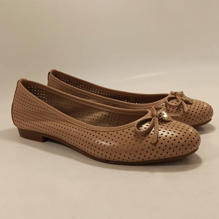 Women Genuine Leather Caramel Ballet Flats Butterfly-Knot Round Toe Casual Loafers Slip-On Perforated Summer Office Shoes