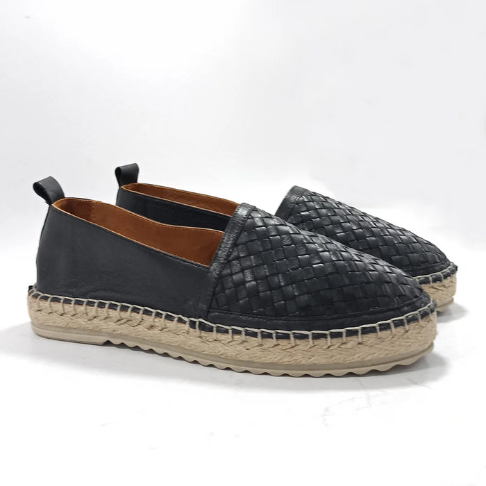 Women Black Genuine Leather Fisherman Shoes Loafers Casual Walking Footwear Slip-On Comfy Braided Espadrilles Ballet Flats