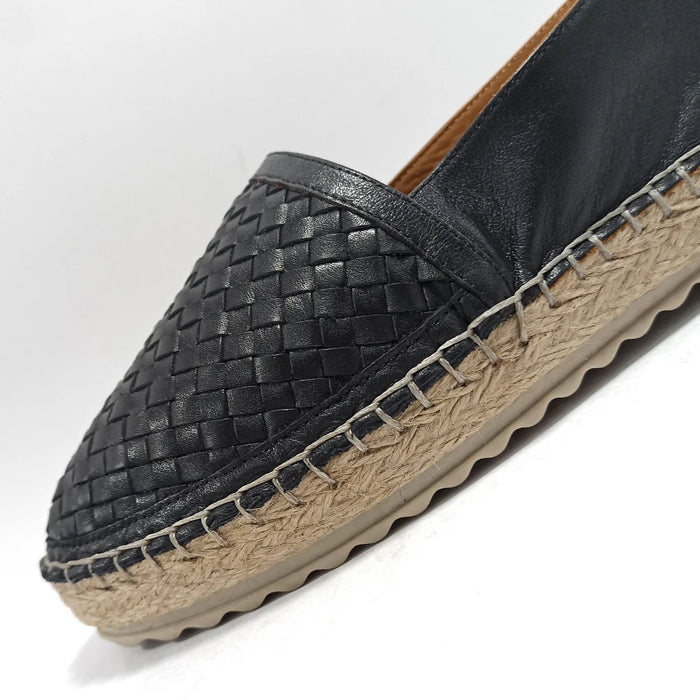 Women Black Genuine Leather Fisherman Shoes Loafers Casual Walking Footwear Slip-On Comfy Braided Espadrilles Ballet Flats