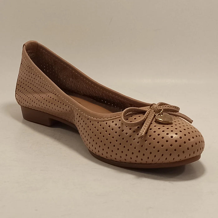 Women Genuine Leather Caramel Ballet Flats Butterfly-Knot Round Toe Casual Loafers Slip-On Perforated Summer Office Shoes