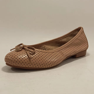 Women Genuine Leather Caramel Ballet Flats Butterfly-Knot Round Toe Casual Loafers Slip-On Perforated Summer Office Shoes