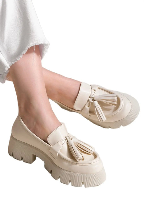 Women's Loafer Tırtıklı Thick Sole Tassels Casual Shoes Heli ecru Stylish Design Daily Use