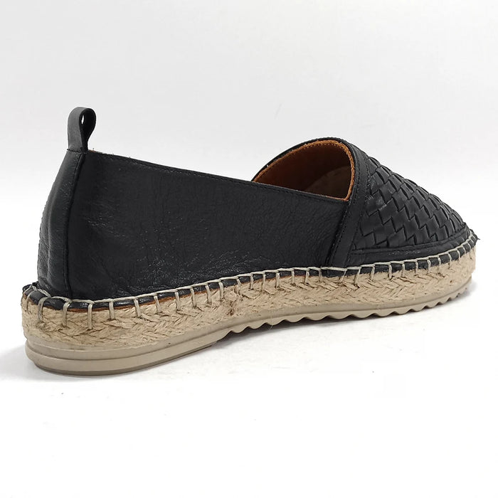 Women Black Genuine Leather Fisherman Shoes Loafers Casual Walking Footwear Slip-On Comfy Braided Espadrilles Ballet Flats