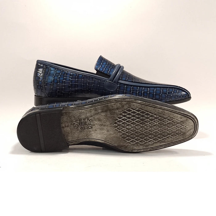 Luxury Men Navy Blue Loafers Genuine Crocodile Print Leather Italian Mold Pointed Toe Slip On Formal Bussiness Office Shoes