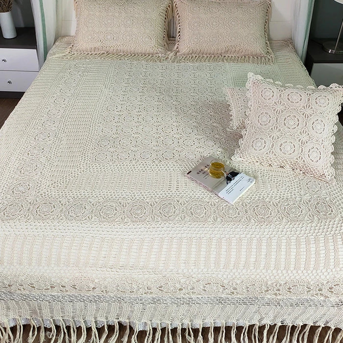 Crochet Handmade Luxury 100%cotton Bedding 3pcs Set KING White BedCover Coverlet Sets Bed Sheet Pillowcase Beige Bedspread