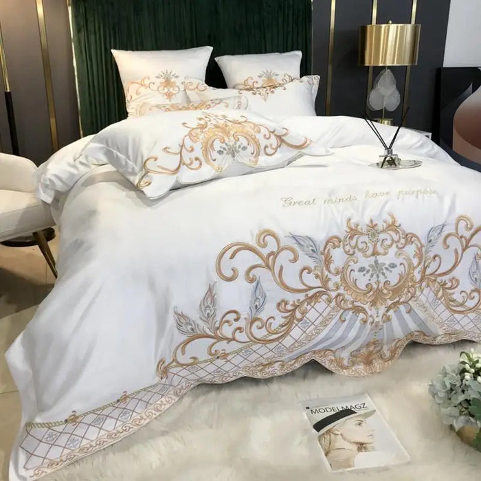 Chic Embroidery Bedding Set Luxury White Satin Cotton Duvet Cover Flat/Fitted Bed Sheet Pillowcases Home Textile