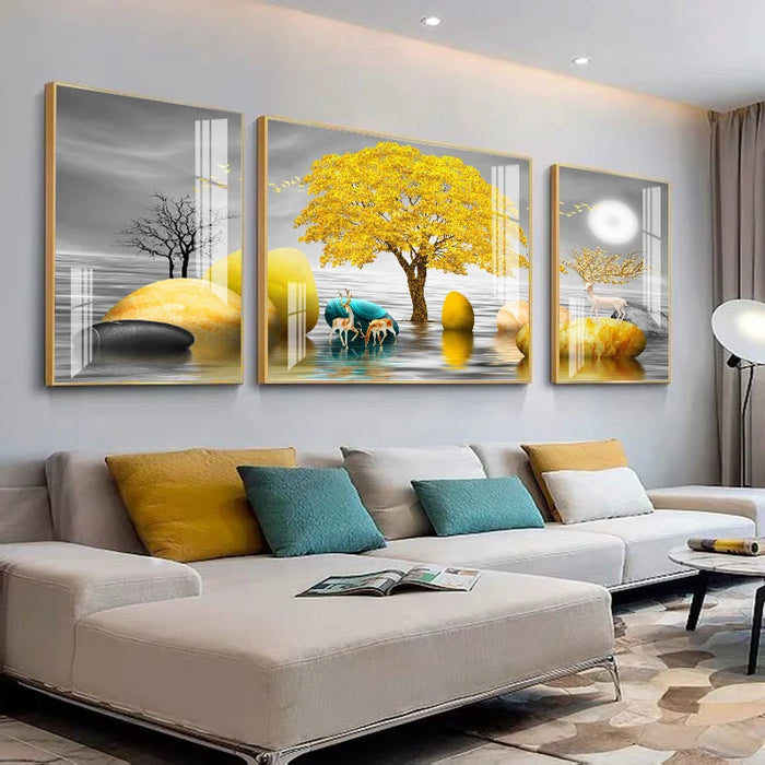 TTLiving RoomDecorative Painting Modern Minimalist Sofa Wall PaintingAtmospheric Crystal Porcelain Painting Three-Piece Painting