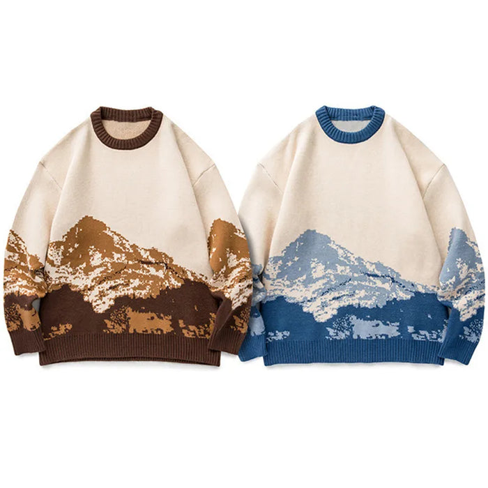 Men Hip Hop Streetwear Harajuku Sweater Vintage Japanese Style Snow Mountain Knitted Sweater Winter Casual Pullover Knitwear