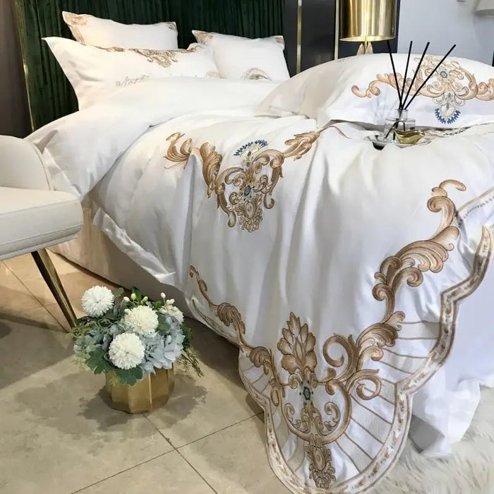 White Satin Cotton Bedding Sets Luxury Gold Embroidered Quilt/Duvet Cover Flat/Fitted Bed Sheet Pillowcase Queen King Size