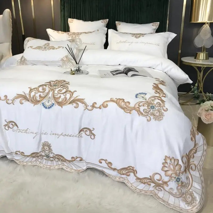 White Satin Cotton Bedding Sets Luxury Gold Embroidered Quilt/Duvet Cover Flat/Fitted Bed Sheet Pillowcase Queen King Size