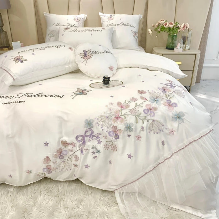 Korean White Floral Embroidery Lace Princess Bedding Set Luxury Egyptian Cotton Duvet Cover Bed Sheet Bedspread Pillowcases