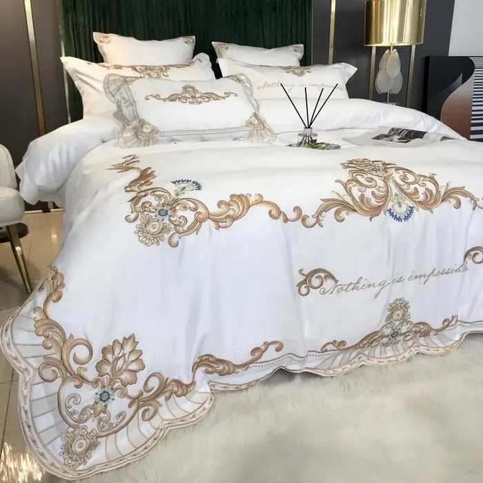 White Satin Cotton Bedding Sets Luxury Gold Embroidered Quilt/Duvet Cover Flat/Fitted Bed Sheet Pillowcase Queen King Size