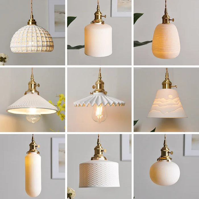 IWHD  Nordic White Ceramic LED Pendant Lights Fixtures Knob Switch For Bedroom Dinning Living Room Modern Copper Hanging Lamp