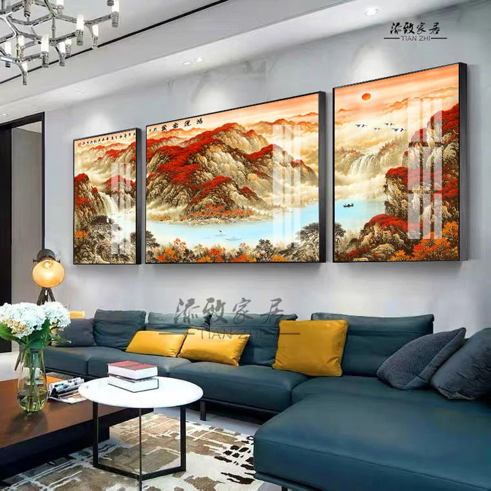 Tt Chinese Painting Living Room Decorative Painting Chinese Landscape Sofa Wall Painting Three-Piece Painting Haina All Rivers