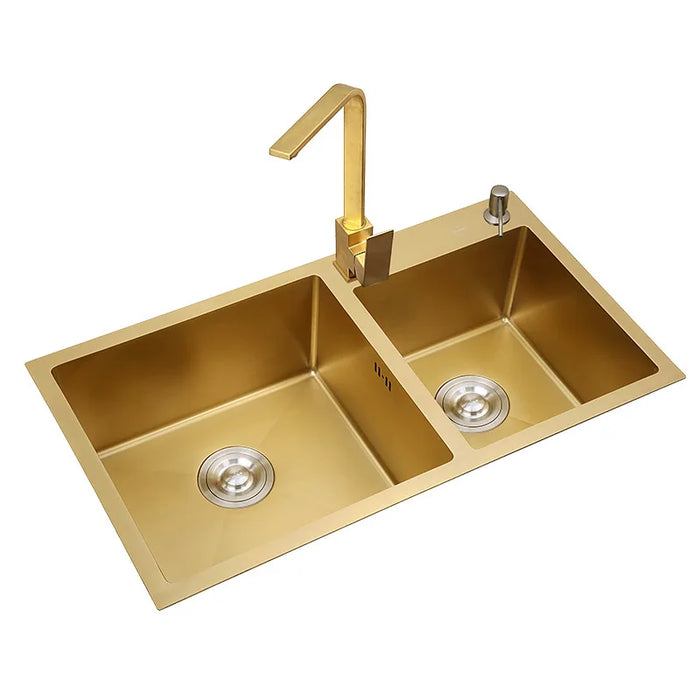 Home Improvement Nano-coating Sinks Vegetable Washing 304stainless Steel Kitchen Sinks Gold Double Bowl With Tap Above Counter