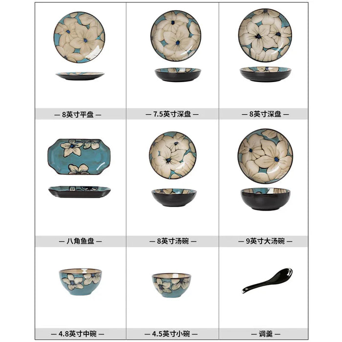 Japanese Pastoral Painting Ceramic Plate Set Creative Flowers Kiln Change Underglaze Dinner Plates Household Kitchen Tableware