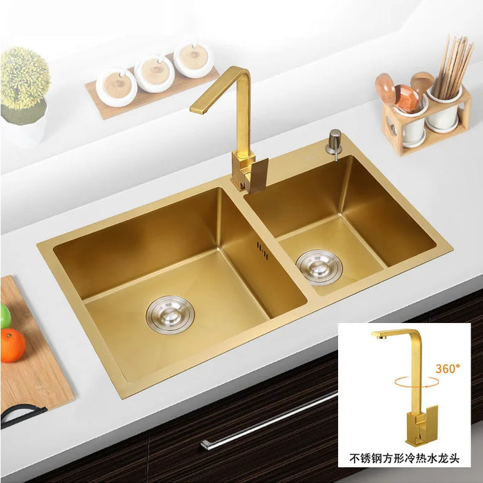 Home Improvement Nano-coating Sinks Vegetable Washing 304stainless Steel Kitchen Sinks Gold Double Bowl With Tap Above Counter