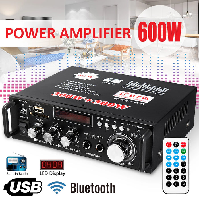 800W 600W Car Amplificador HIFI 2 CH Audio Power Amplifier 12/220V Home Theater Amplifier Audio Support FM USB SD/Remote Control