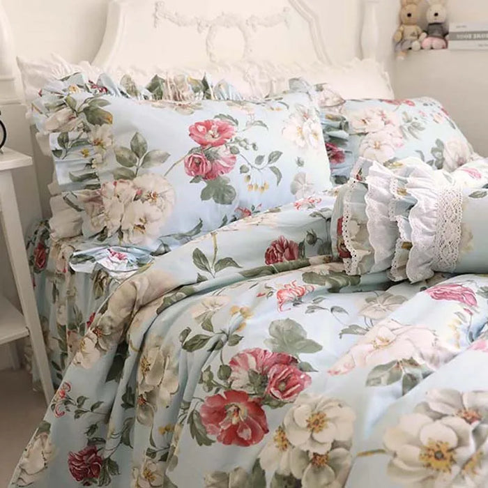 Korean 100% Cotton Floral Bedding Set Flounced Rural European Garden Cotton 4pcs Set Cake Layer Ruffles Duvet Cover King Queen