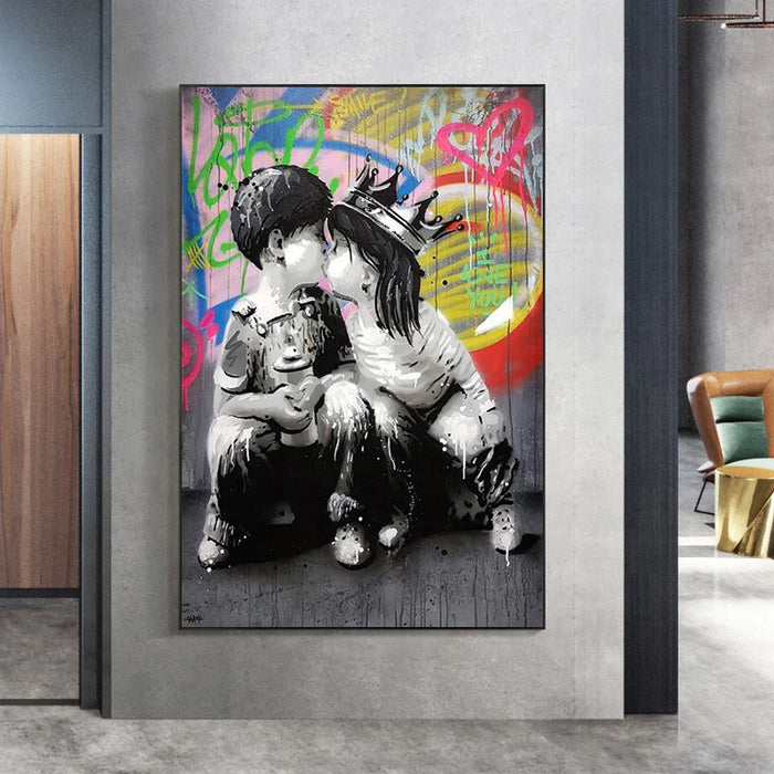 Graffiti Boy and Girl kissing Wall Art Canvas Posters And Prints Kissing Street Art Paintings On the Wall Pictures Home Decor