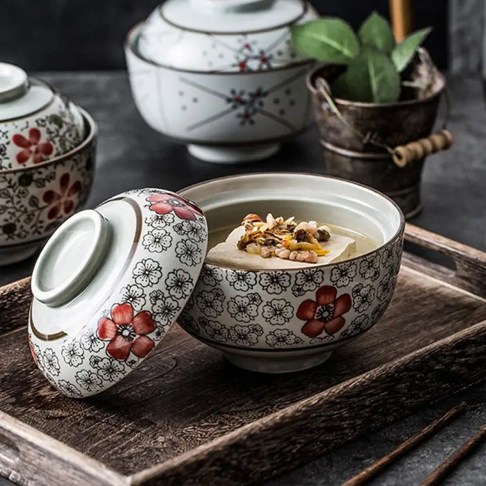 Ceramic Home Bowl with Lid, Antique Cyan Glaze, Instant Noodle, Soup and Ramen Bowl, Japanese-style Household Bowl with Lid