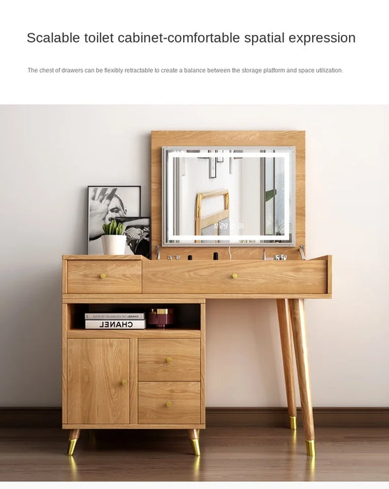 TT Flip All Solid Wood Oak Dressing Table Storage Cabinet Integrated Makeup Table Modern & Minimalism Small Apartment