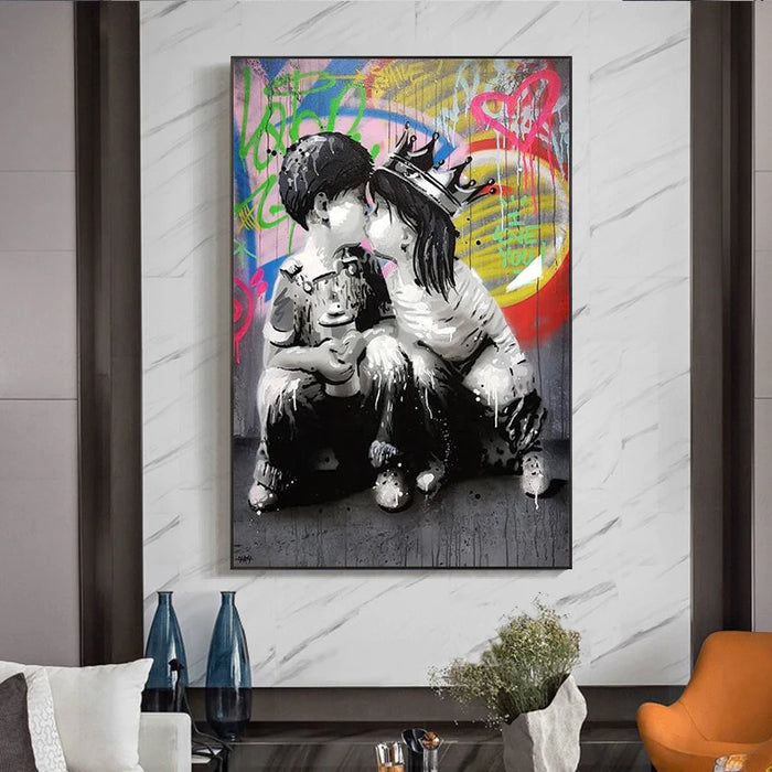 Graffiti Boy and Girl kissing Wall Art Canvas Posters And Prints Kissing Street Art Paintings On the Wall Pictures Home Decor