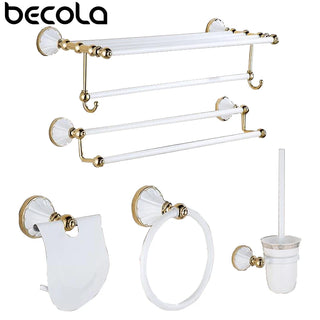 BECOLA Luxury Bathroom Accessories Bathroom Hardware Set White&Gold Pendant  Polished Toothbrush Towel Bar Cloth Hook Towel Rack