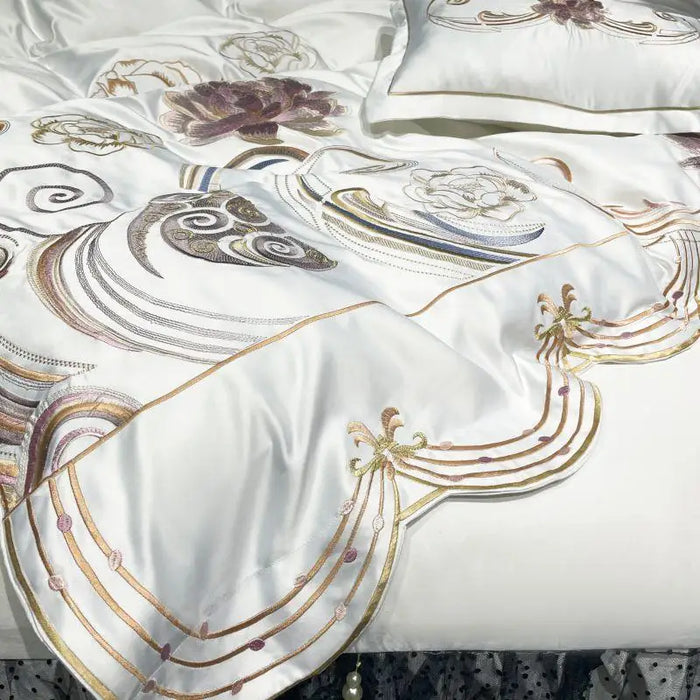 Flowers Embroidery Bedding Bedspread Set White Soft Satin Cotton Duvet Cover Bed Sheet Lace Bed Skirt Pillowcases