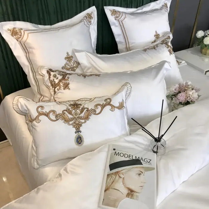 Europe Embroidery Home Textile Bedding Set Queen King Size 4pcs White Satin Cotton Soft Duvet Cover Bed Sheet Pillowcases