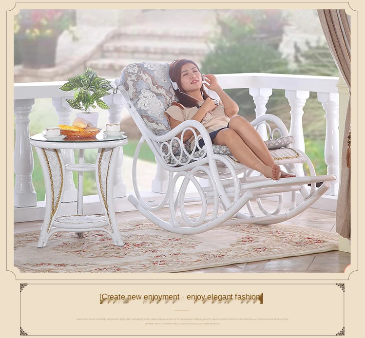 Cy White Real Rattan Rocking Chair Home Nap Recliner Balcony Adult Leisure Leisure Chair