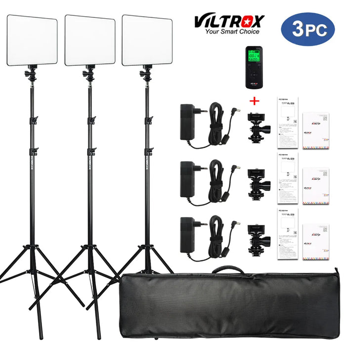 VILROX 3/2pcs VL-200T Bi-color Dimmable Wireless remote LED Video Light Panel Lighting Kit+75" Light Stand for studio shooting