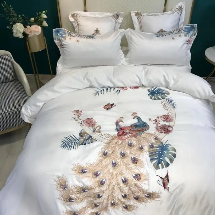 Solid Color Flowers Birds Embroidery Bedding Set Luxury White Satin Duvet Cover Bed Sheet Bedspread Pillowcases Home Textile