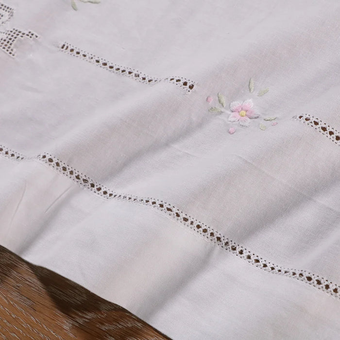 SH01:  1piece Hand embroidered flowers Drawnwork Hollowed out pattern White Ramie Cotton  fabrics  bedclothes Sheet