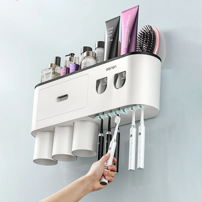 Wall-mounted Toothbrush Holder With 2 Toothpaste Dispenser Punch-free Bathroom Storage For Home Waterproof Bathroom Accessories