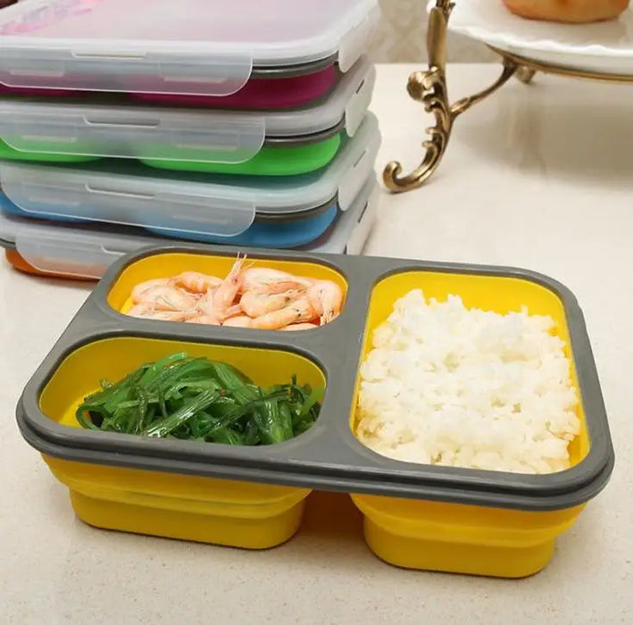 Collapsible Silicone Lunchbox Bento Folding Portable Bento Box with Fork 3 Grids Microwave Dinnerware Tools Wholesale