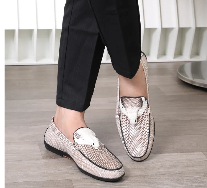 Real Genuine python skin leather with snake head  men fashion shoe sneaker flat leisure shoe with cow lining beige colors